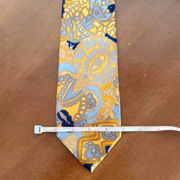 Vintage LANVIN Silk Tie 70s EUC Yellow Gold Blue France Abstract Floral Paisley - Picture 5 of 7
